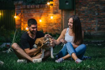 Couple avec un chien dans un jardin avec en fond une guirlande lumineuse