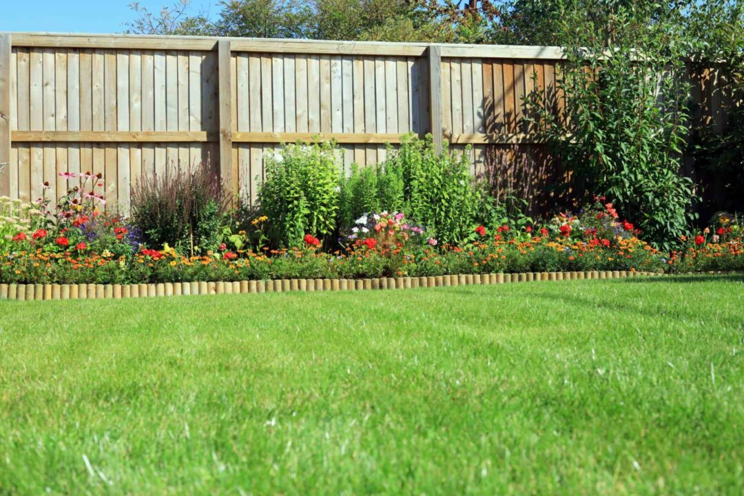 Jardin entretenu avec palissade et bordure en bois