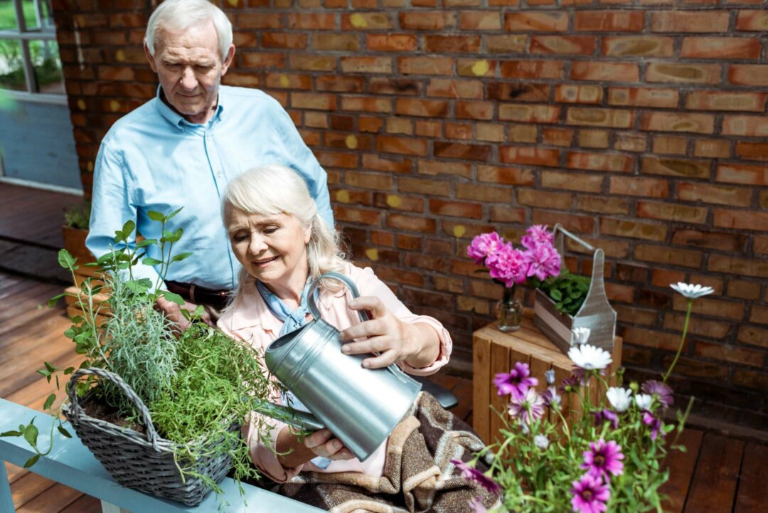 Couple de personnes âgées dont une personne à mobilité réduite arrosant des fleurs sur une terrasse