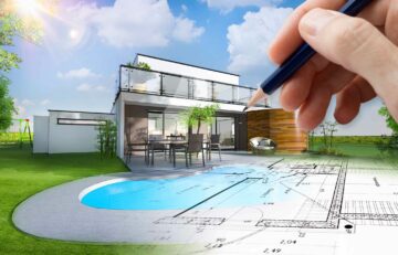 Un croquis d'une maison à construire avec ses extérieurs avec piscine, terrasse et jardin paysager