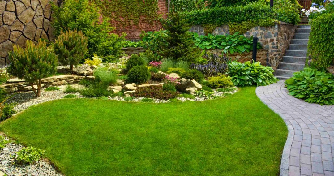 Un très beau jardin paysager décoré avec de la pelouse et des galets