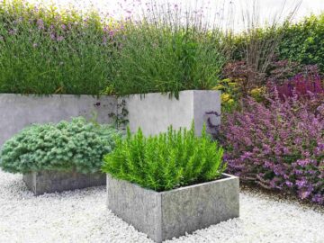 Des bacs à fleurs en béton dans un jardin mêlant plantations et graviers