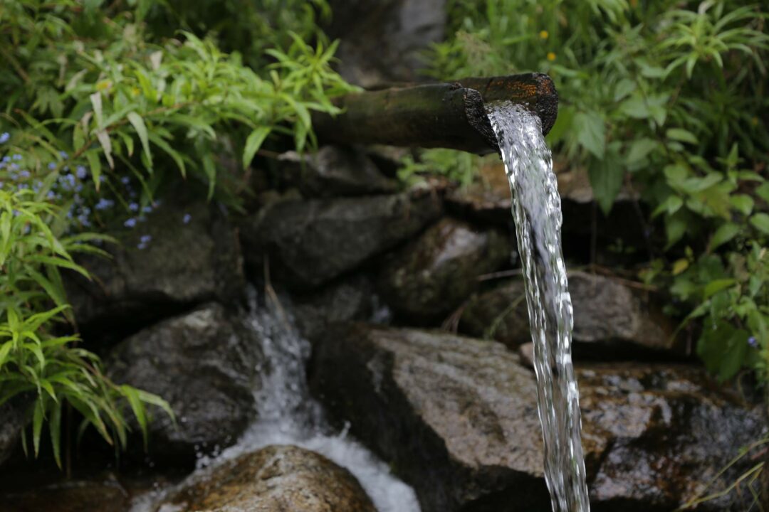 Une source d'eau dans un jardin avec une fontaine de style japonais