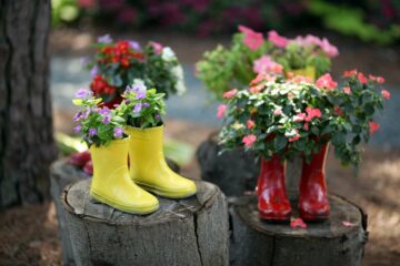 Des bottes en caoutchouc recyclées en pot de fleurs